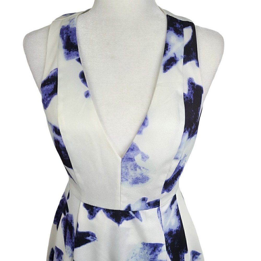 Lulu's White Blue Floral V Neck Sexy Back Mini Sleeveless Dress - Picture 2 of 8